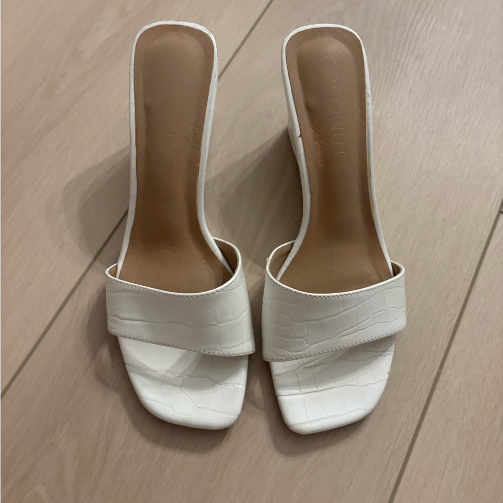 White Croc-Embossed Slide Wedges